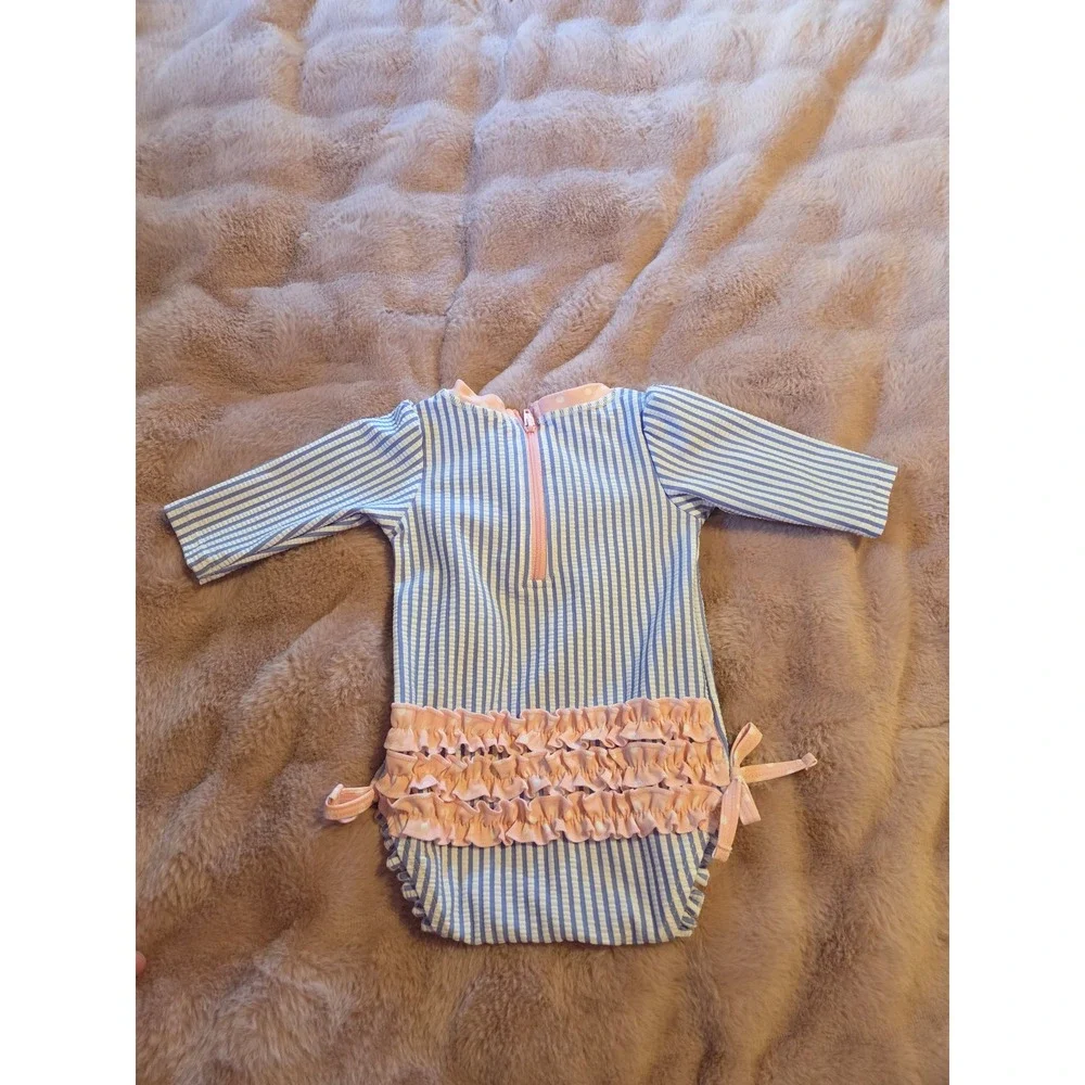 Rufflebutts Girls Blue Striped Long Sleeve One-Piece Swimsuit 0-3